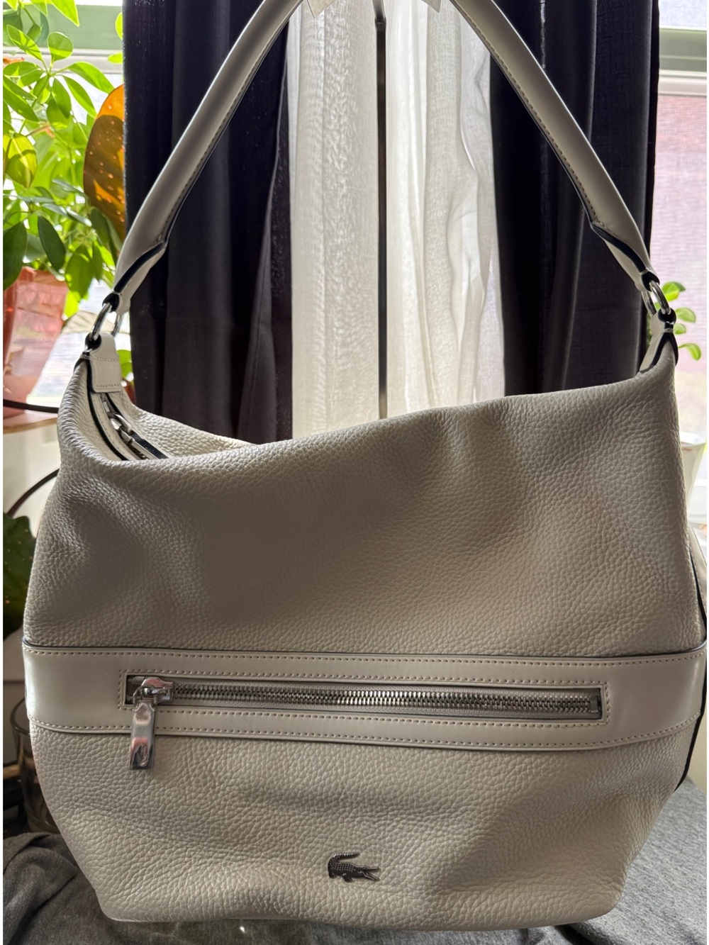 Lacoste Pebbled Leather Shoulder Bag in Cream with Silver Trim